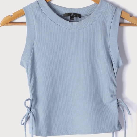 Lulus dusty blue ribbed drawstring ruched tank - Picture 5 of 7